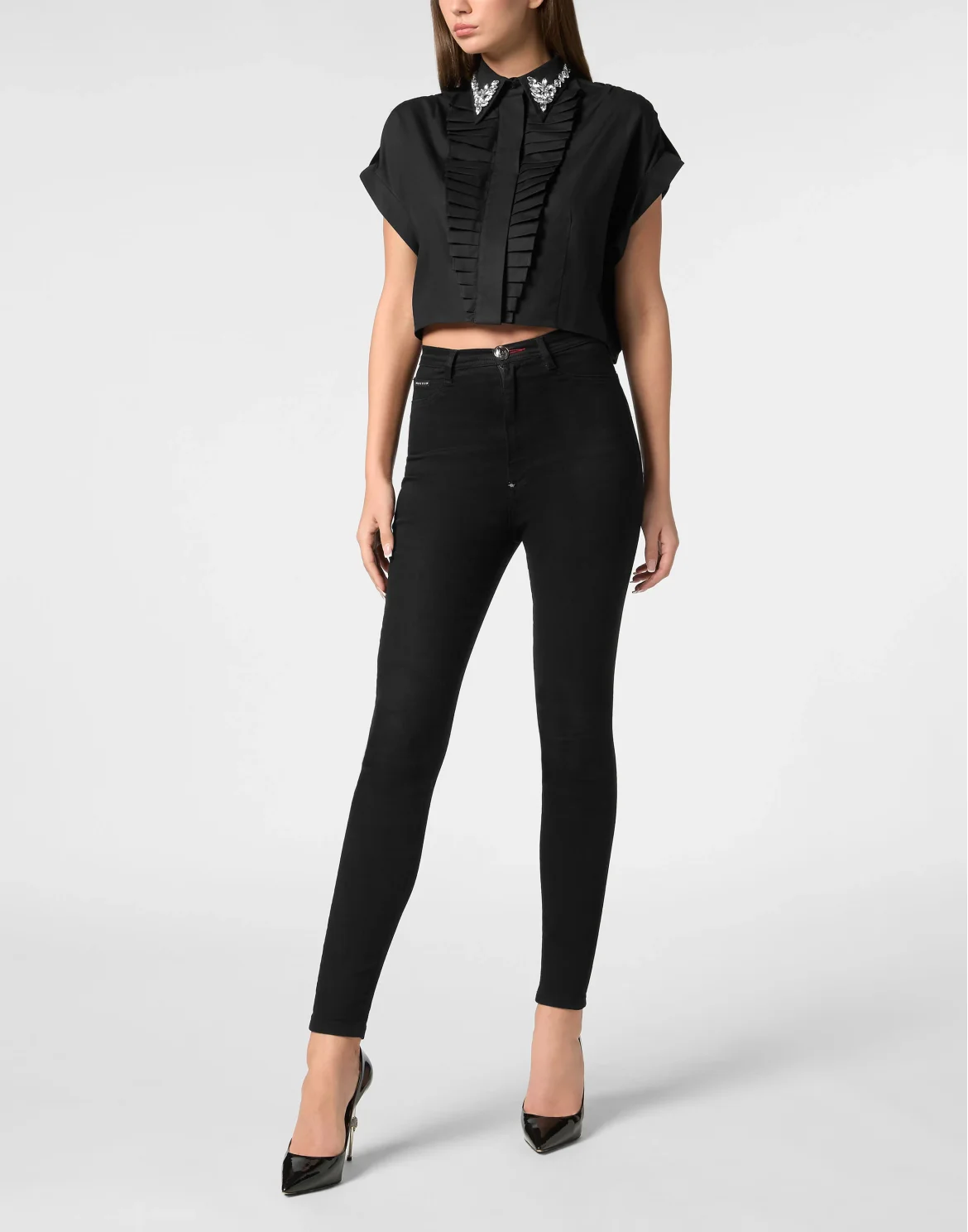 VOLANT CROPPED SHIRT SS STRASS, цвет: Черный