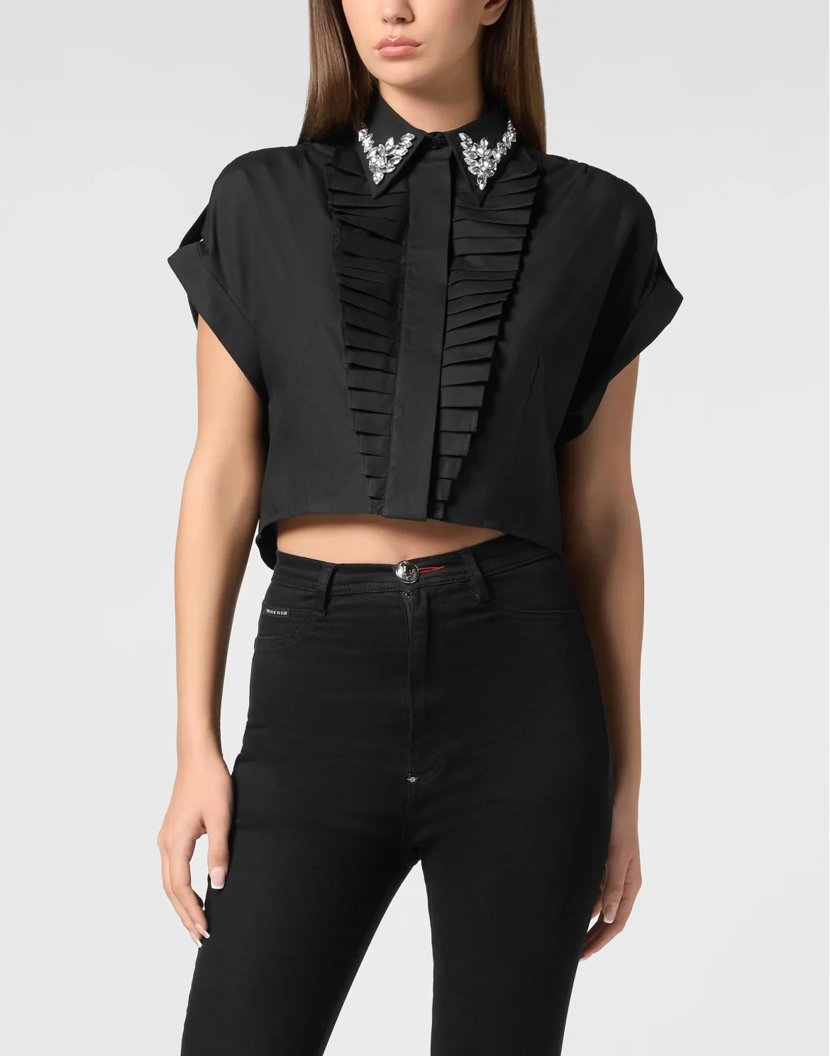 VOLANT CROPPED SHIRT SS STRASS, цвет: Черный