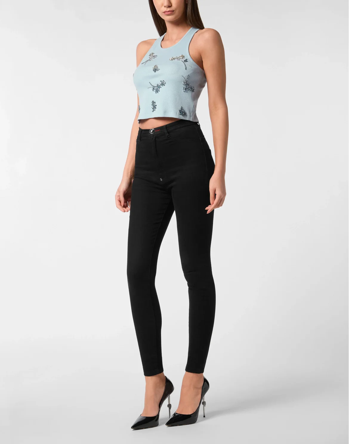 Jersey Rib Tank Top Flowers, цвет: Голубой
