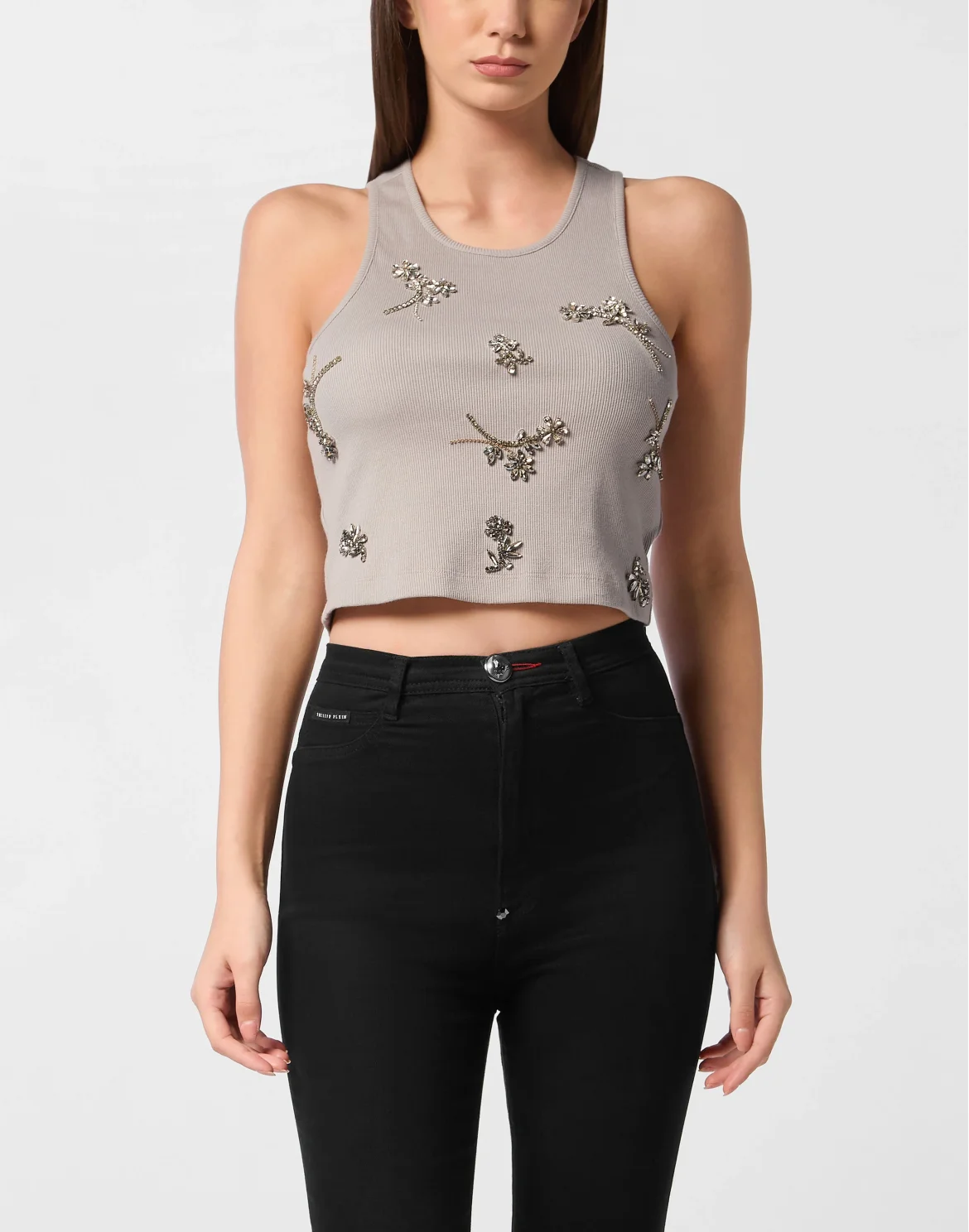 Jersey Rib Tank Top Flowers, цвет: Серый