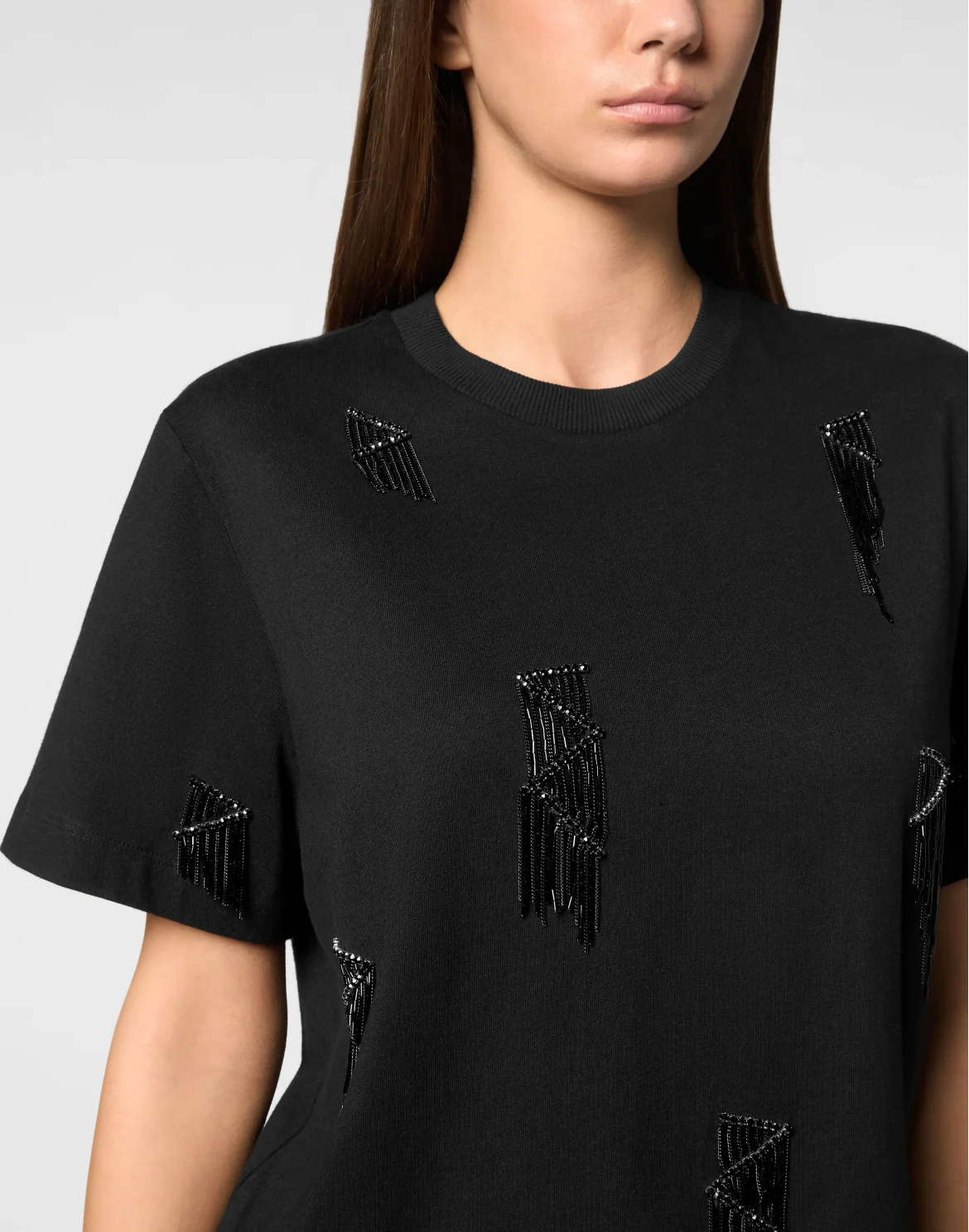 Jersey T-Shirt Man Fit Round Neck SS Fringe, цвет: Черный