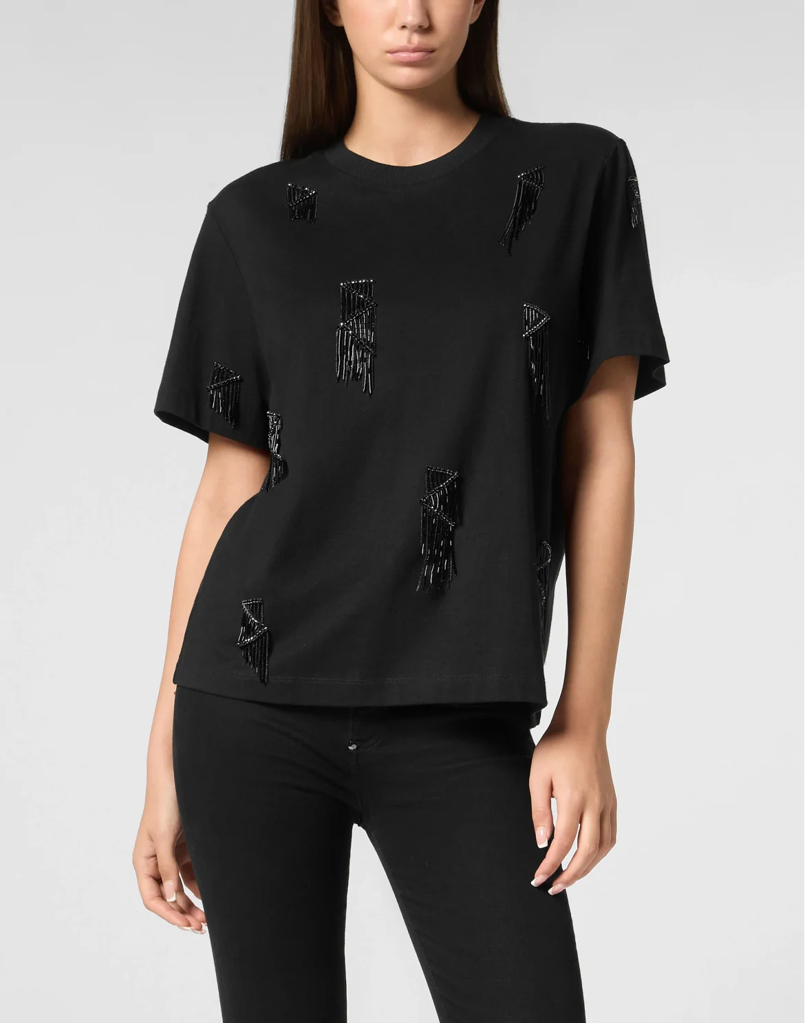 Jersey T-Shirt Man Fit Round Neck SS Fringe, цвет: Черный