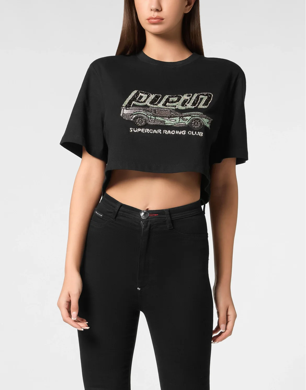 T-shirt Crop Plein Car, цвет: Черный