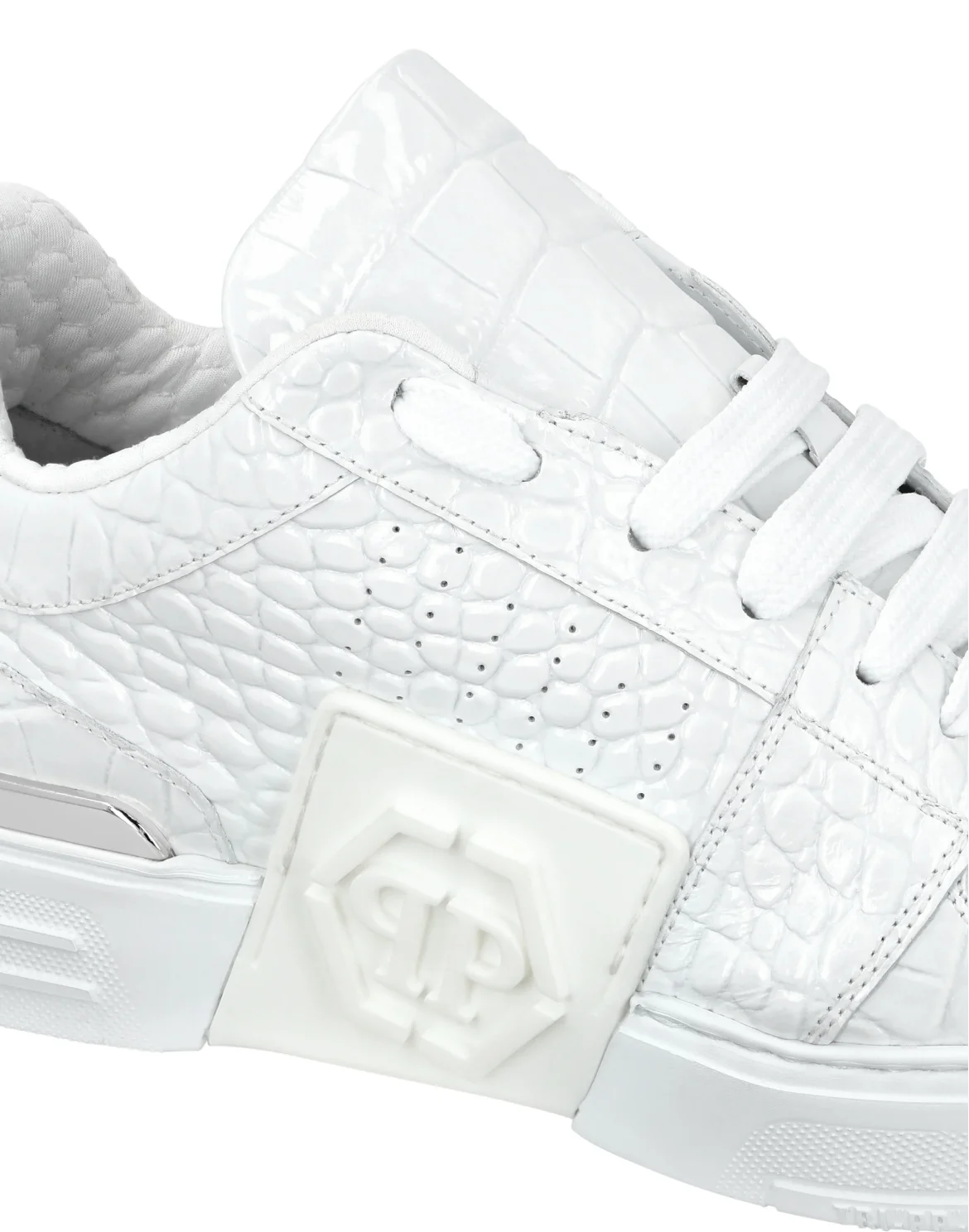 Croco Printed Leather Lo-Top Sneakers Hexagon, цвет: Белый