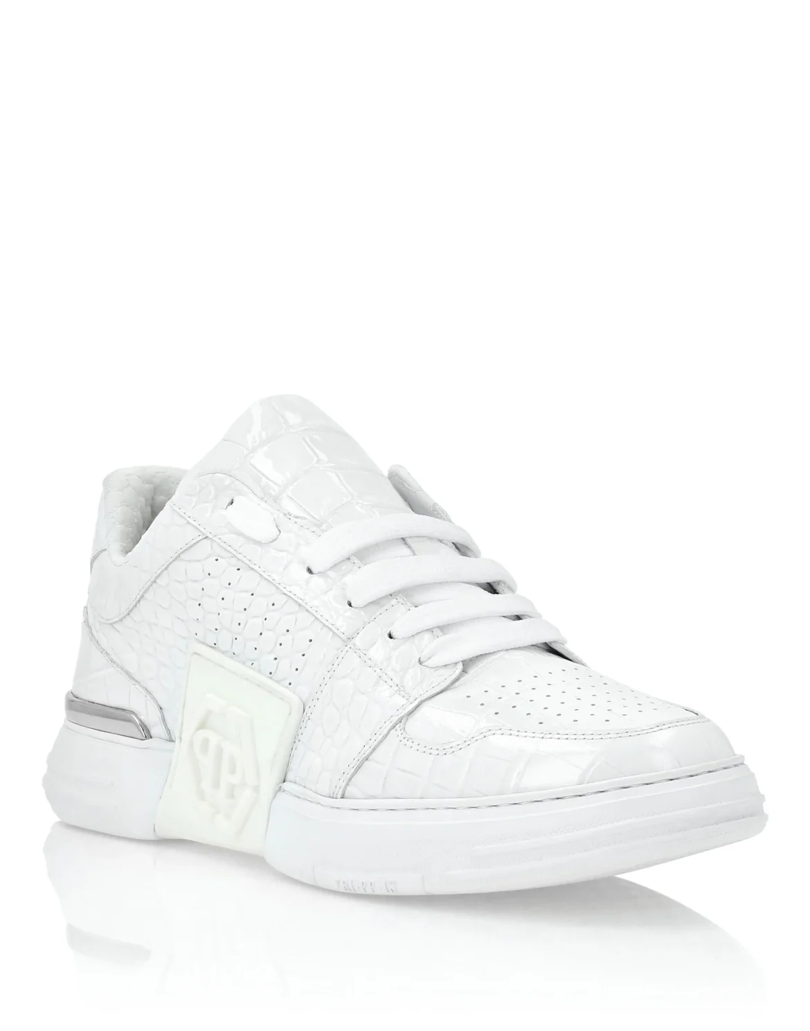 Croco Printed Leather Lo-Top Sneakers Hexagon, цвет: Белый