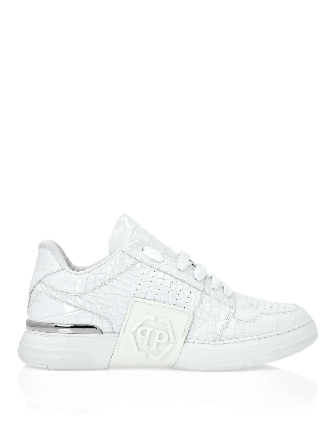 Croco Printed Leather Lo-Top Sneakers Hexagon, цвет: Белый