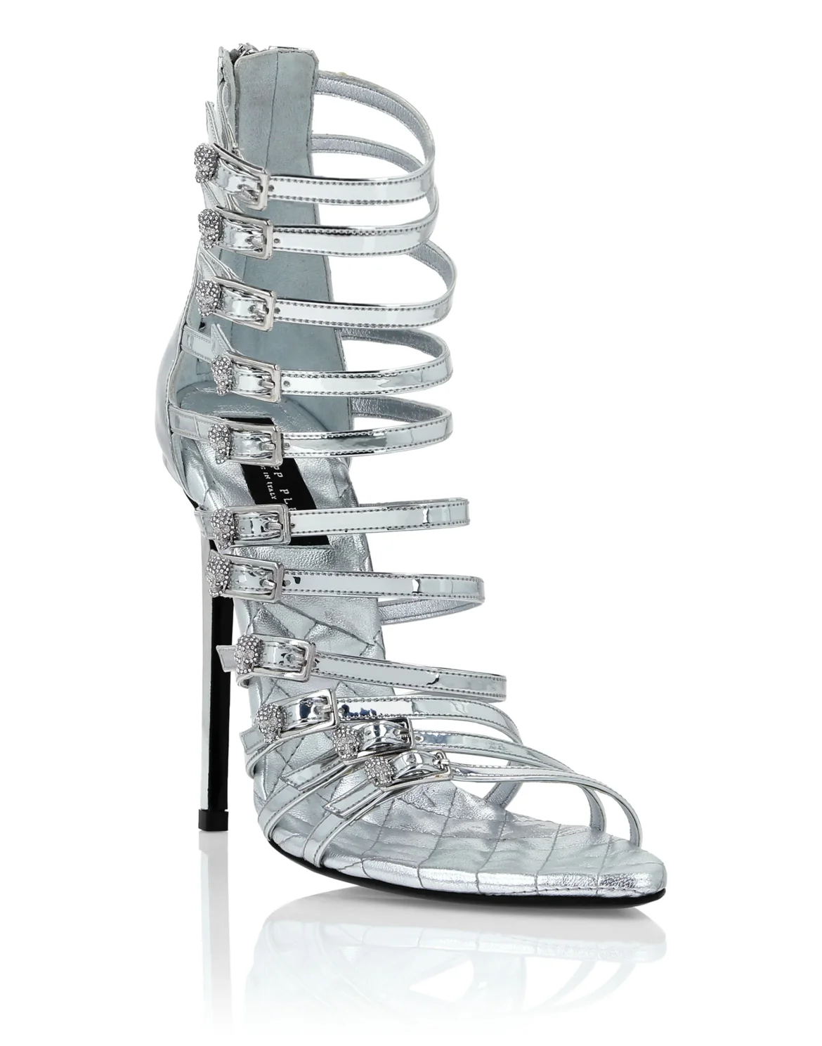 Mirror Leather Sandals High Plein Heels Skull, цвет: Серебристый