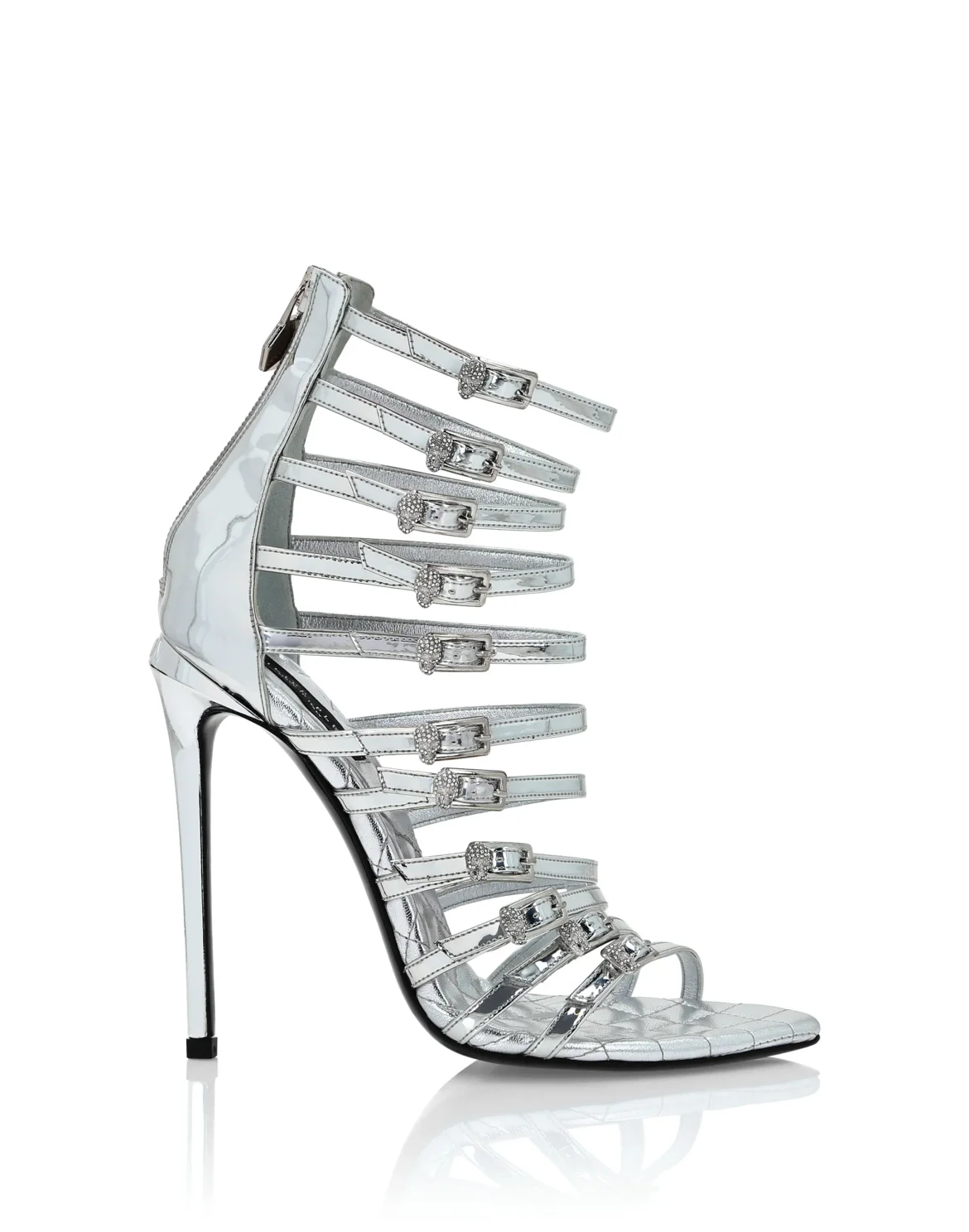 Mirror Leather Sandals High Plein Heels Skull, цвет: Серебристый