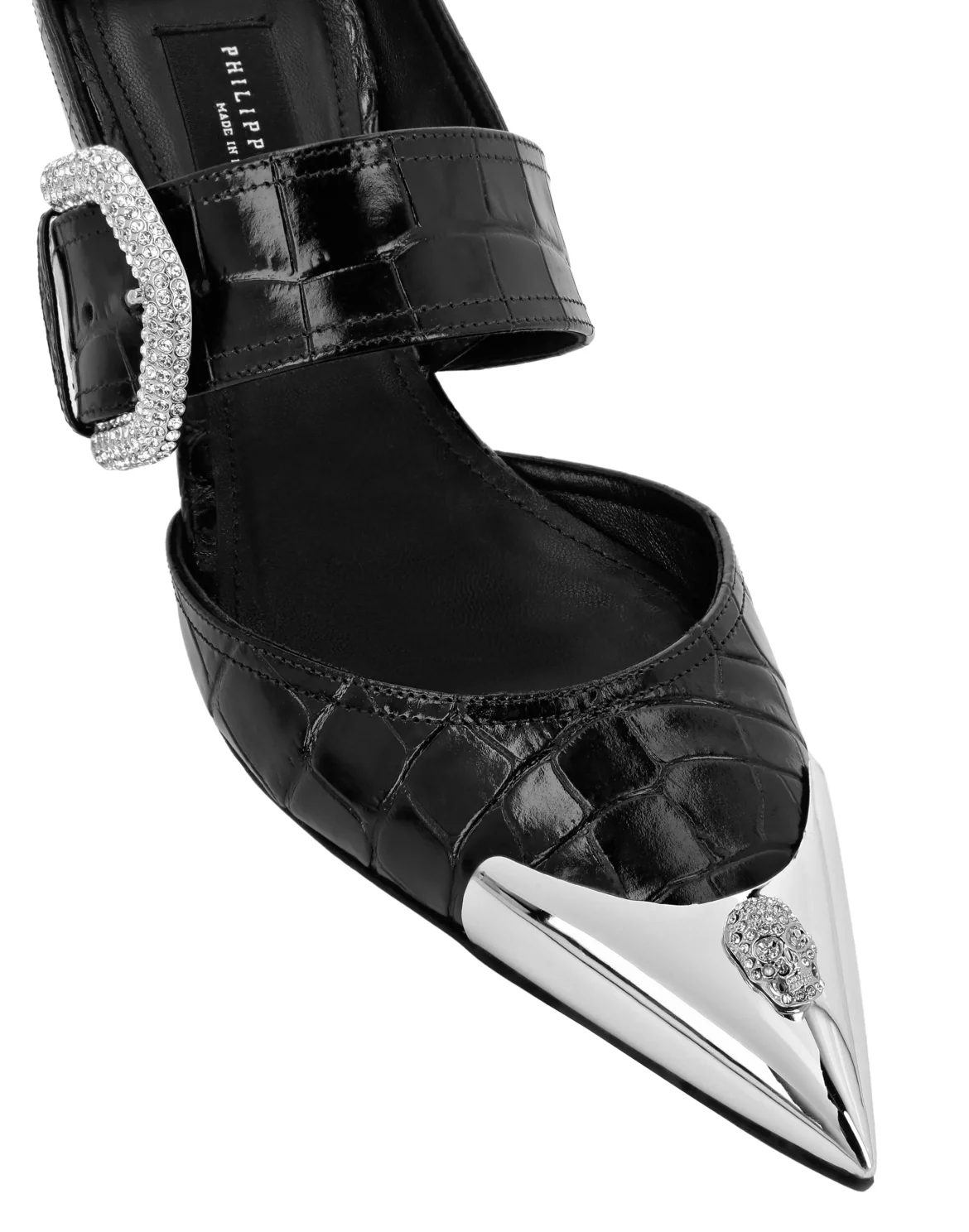 Croco Leather Mule Low Heels Skull strass, цвет: Черный
