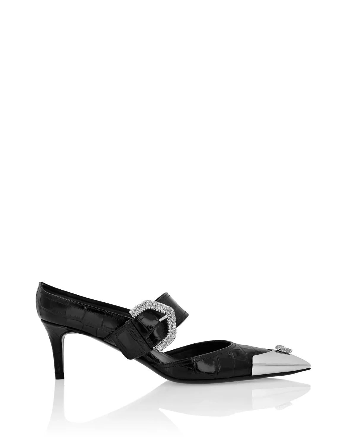 Croco Leather Mule Low Heels Skull strass, цвет: Черный