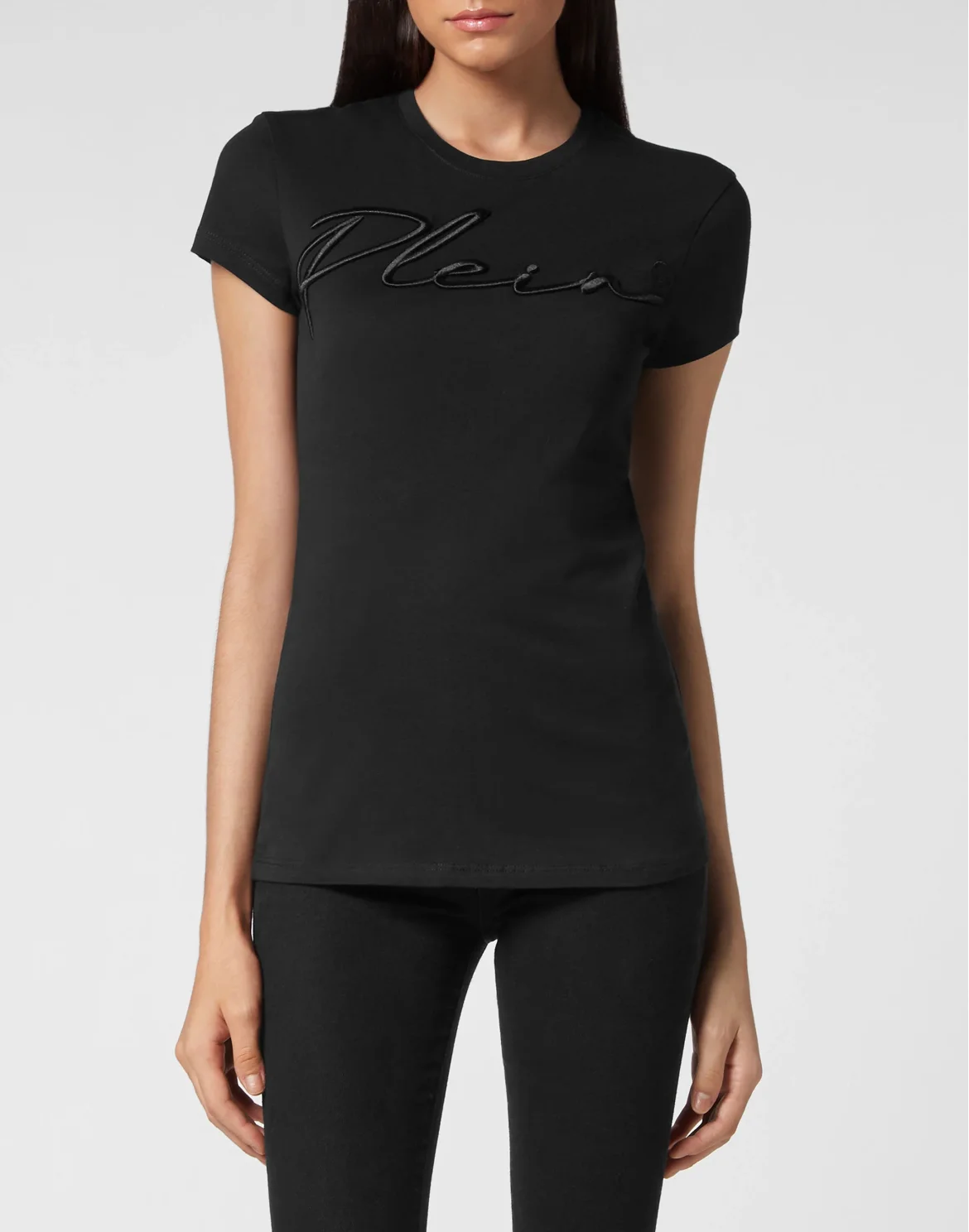Satin T-shirt Round Neck SS Embroidery Signature, цвет: Черный