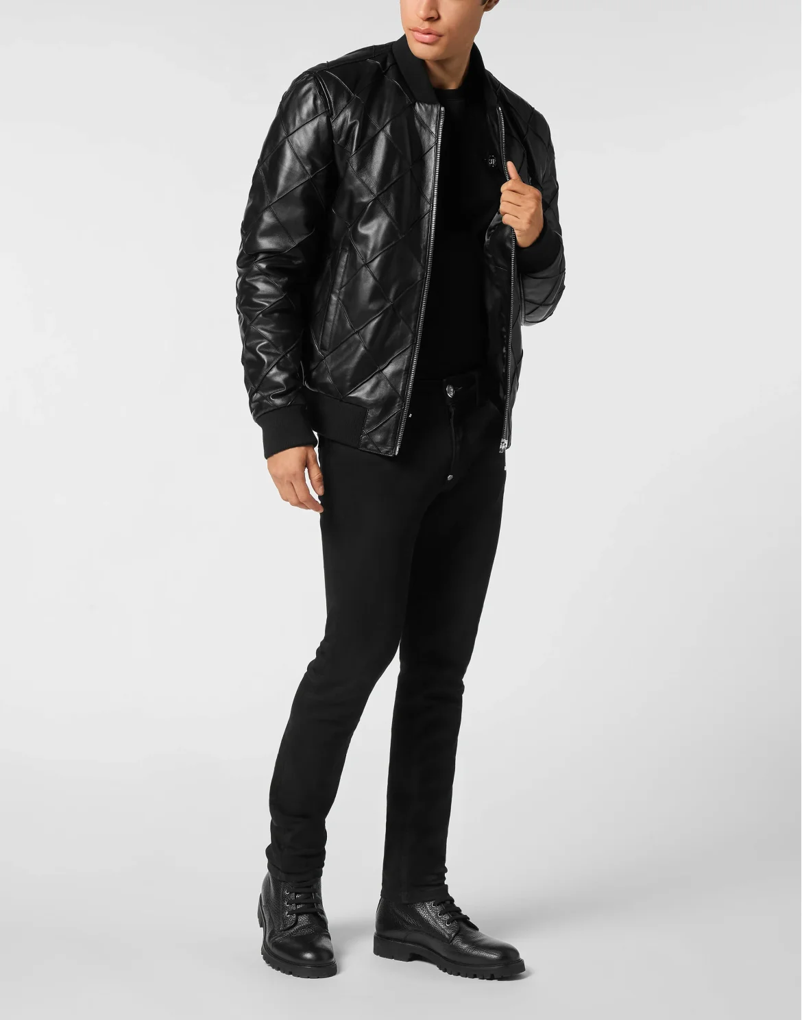 Slim Fit Leather Bomber LS, цвет: Черный