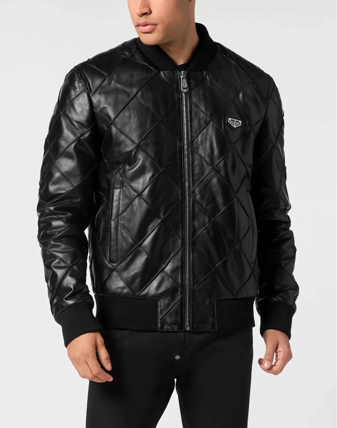 Slim Fit Leather Bomber LS, цвет: Черный
