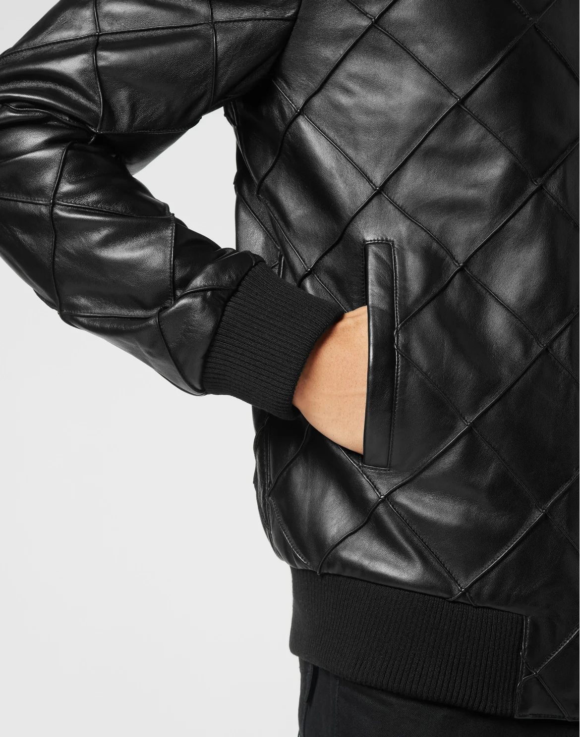Slim Fit Leather Bomber LS, цвет: Черный