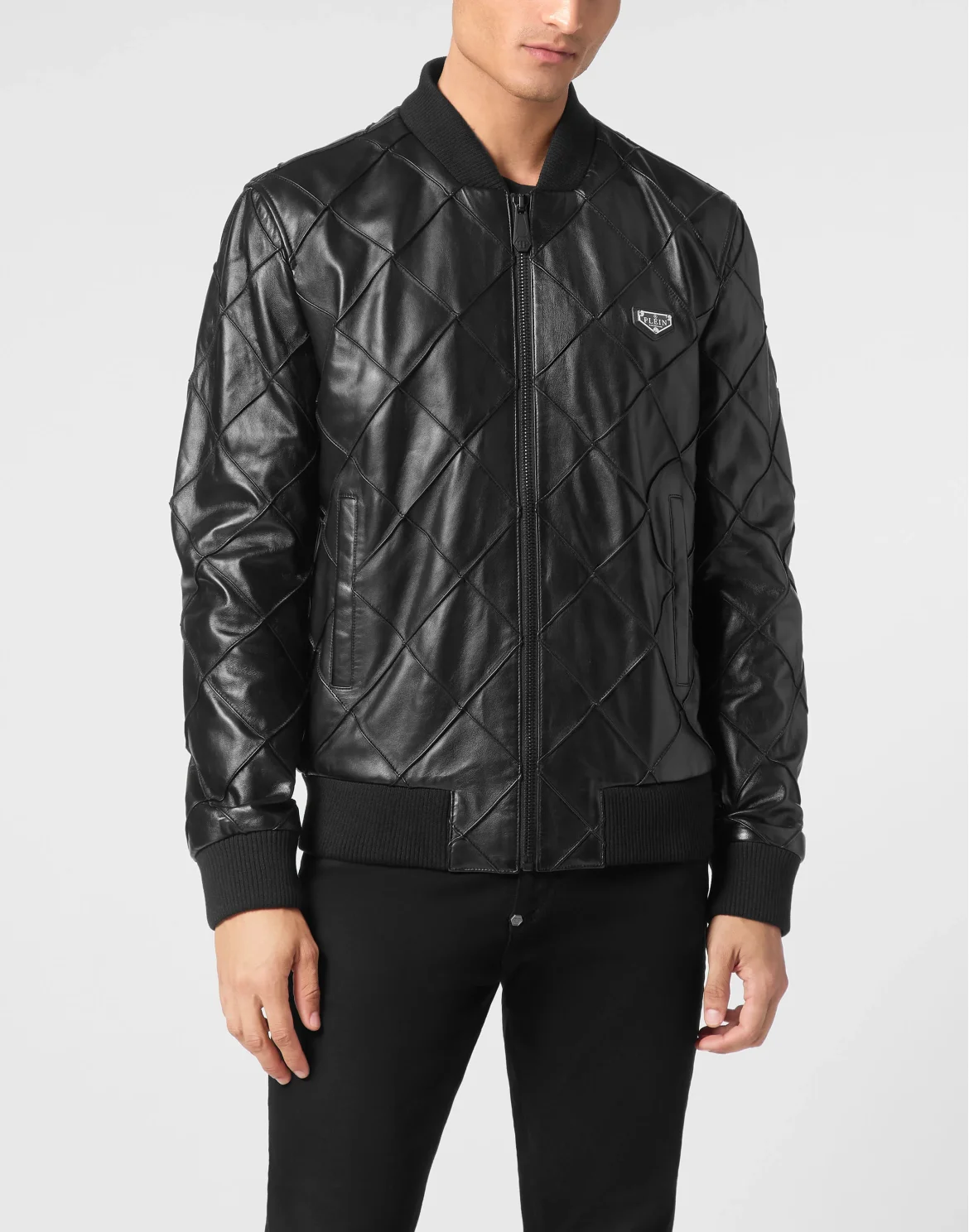 Slim Fit Leather Bomber LS, цвет: Черный