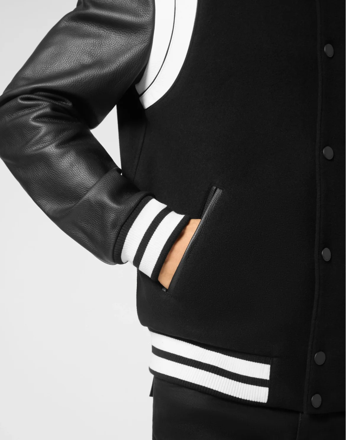 Bomber Jacket Leather Sleeves College, цвет: Черный