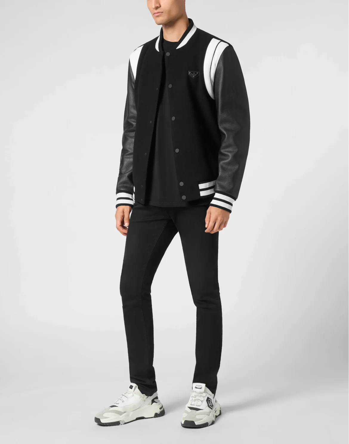 Bomber Jacket Leather Sleeves College, цвет: Черный