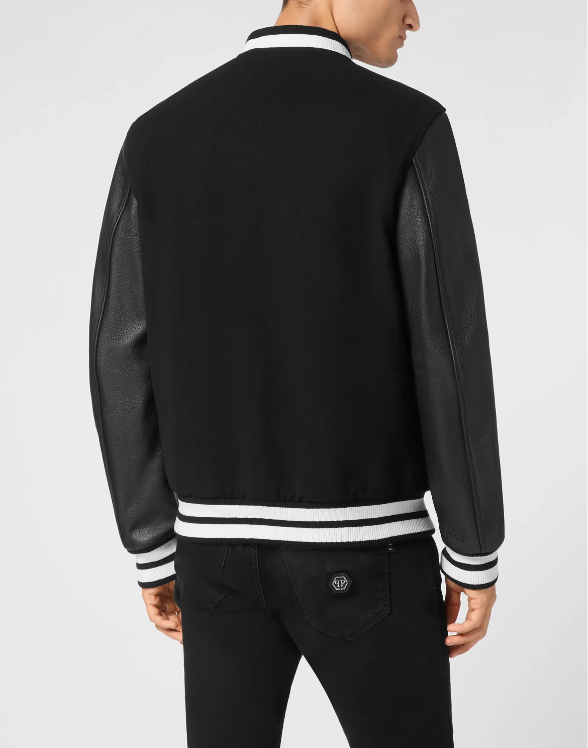 Bomber Jacket Leather Sleeves College, цвет: Черный