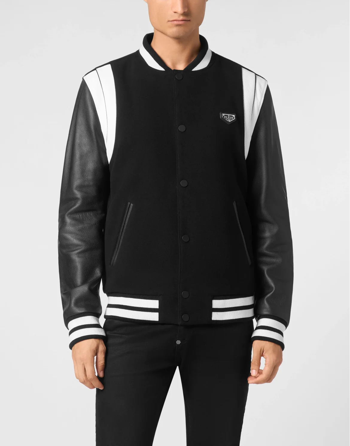 Bomber Jacket Leather Sleeves College, цвет: Черный
