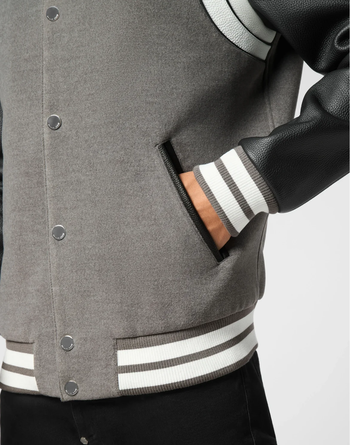Bomber Jacket Leather Sleeves College, цвет: Серый
