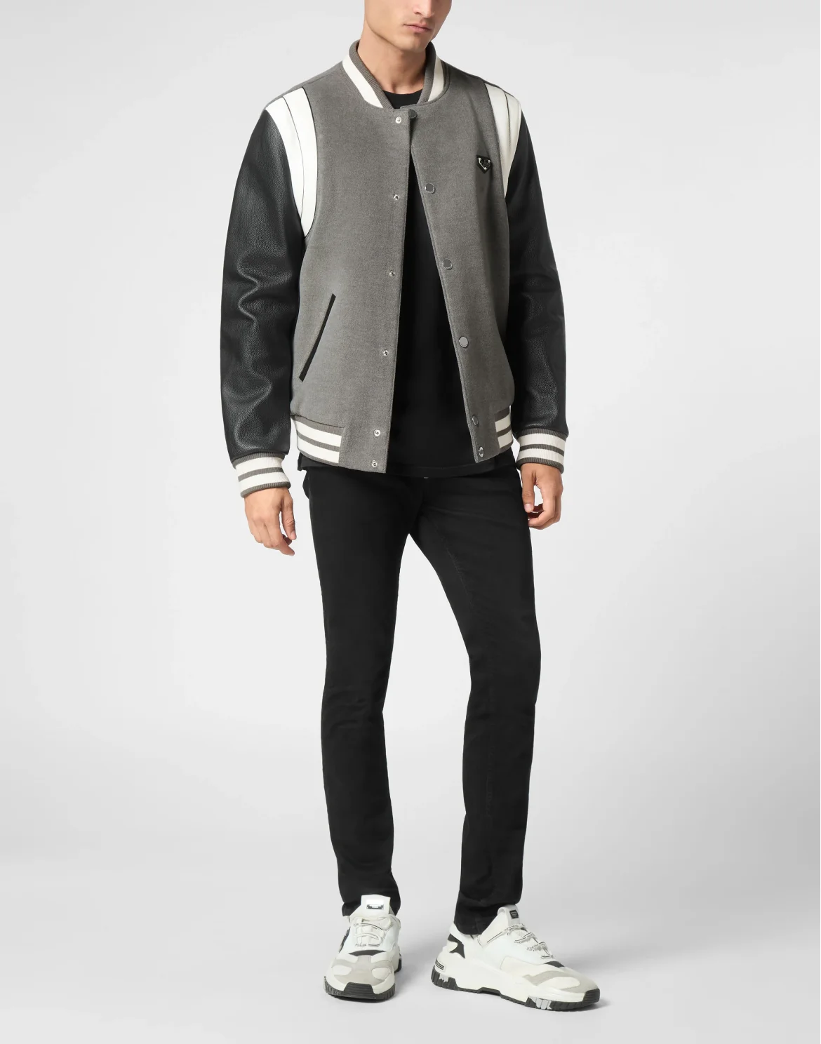 Bomber Jacket Leather Sleeves College, цвет: Серый