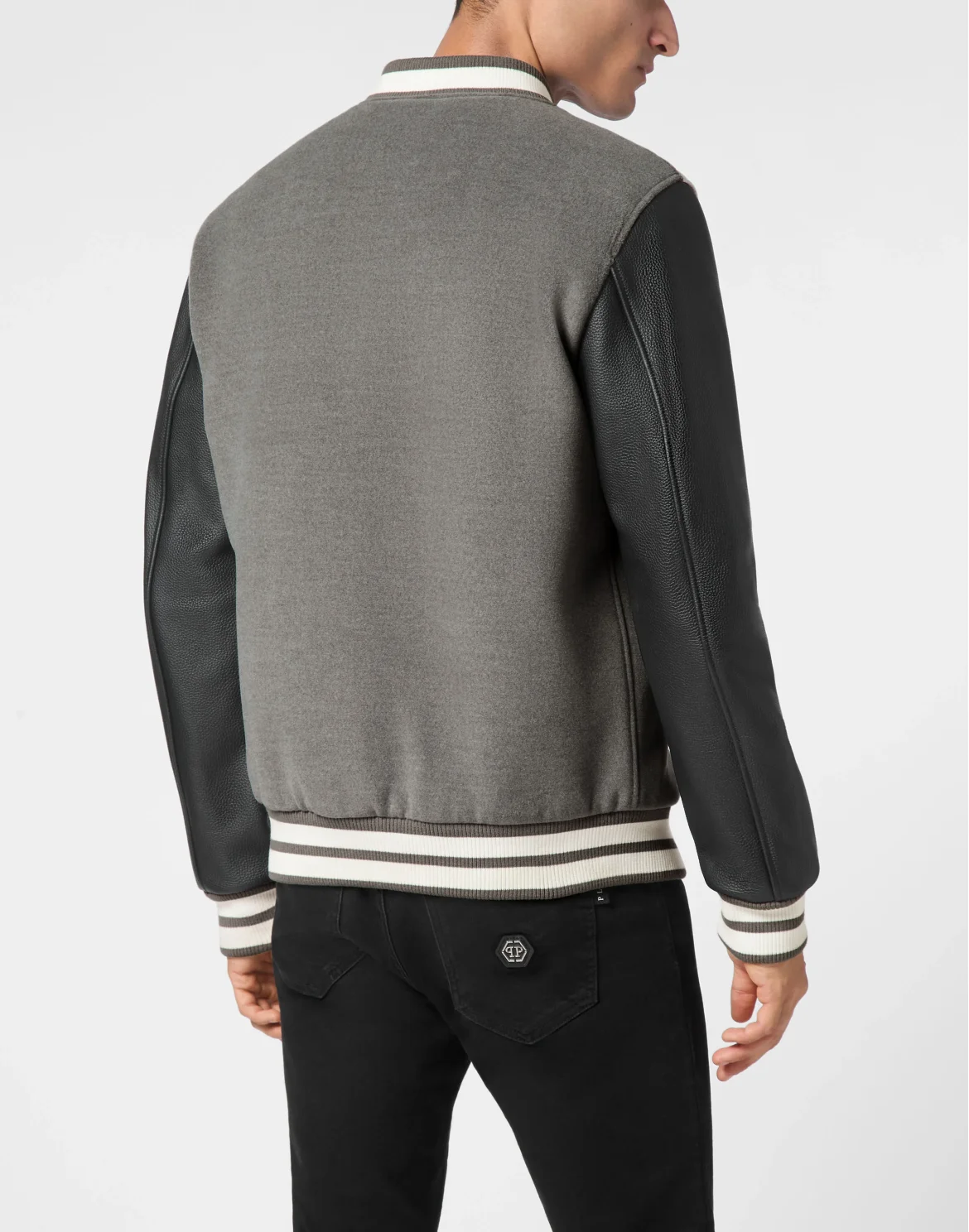 Bomber Jacket Leather Sleeves College, цвет: Серый