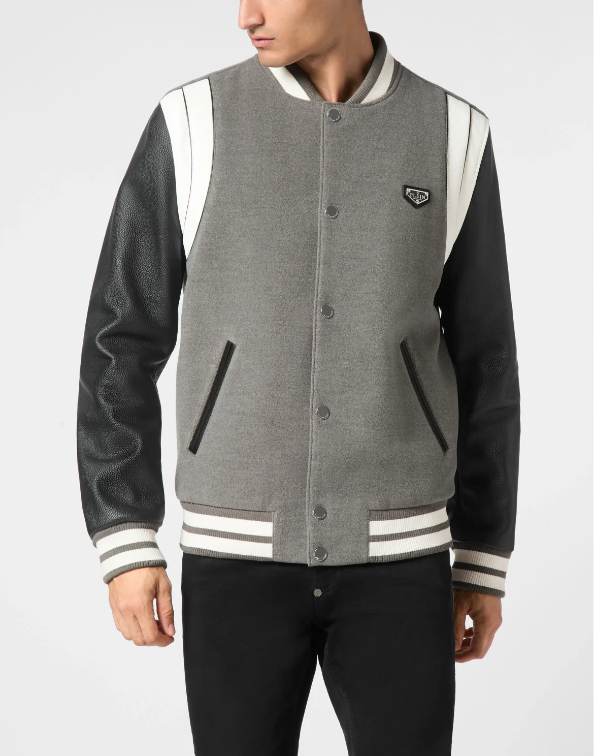 Bomber Jacket Leather Sleeves College, цвет: Серый