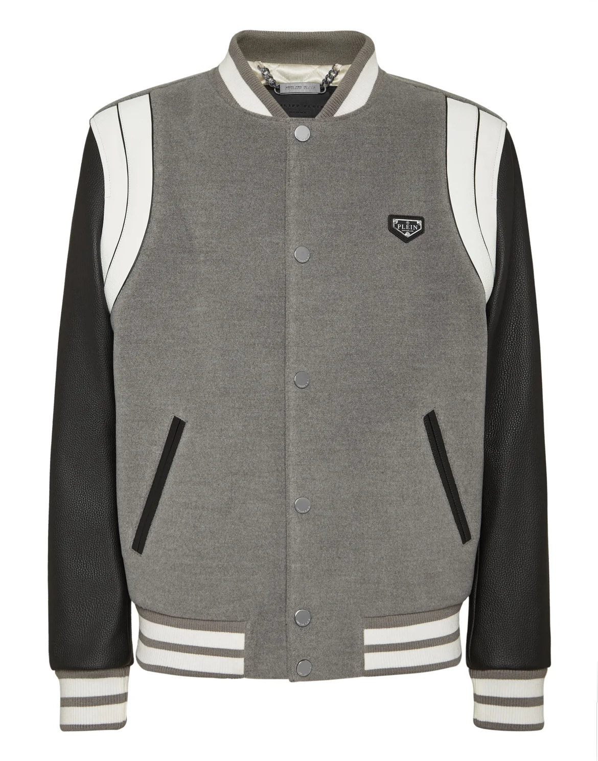 Bomber Jacket Leather Sleeves College, цвет: Серый