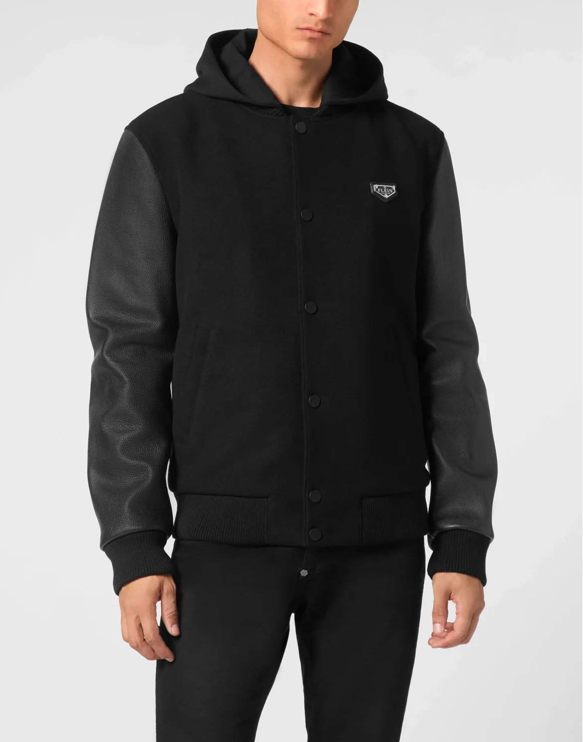 Bomber Jacket Leather Sleeves Iconic Plein, цвет: Черный
