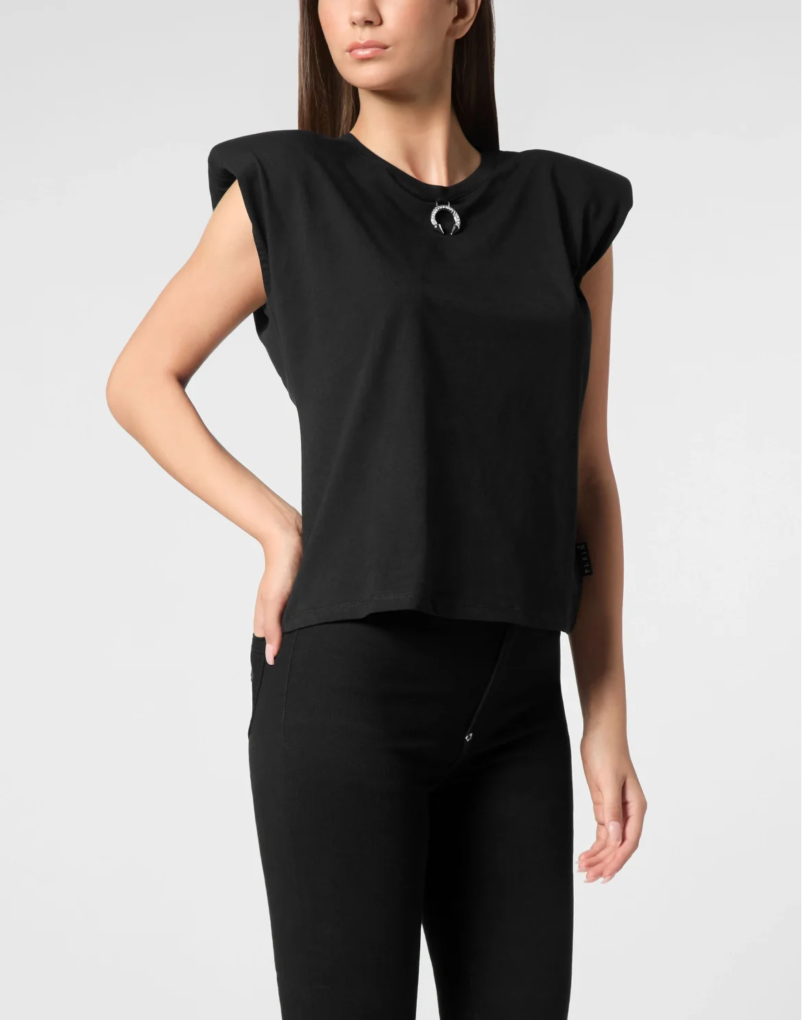 Tank Top Round Neck Piercing With Padded Shoulder, цвет: Черный