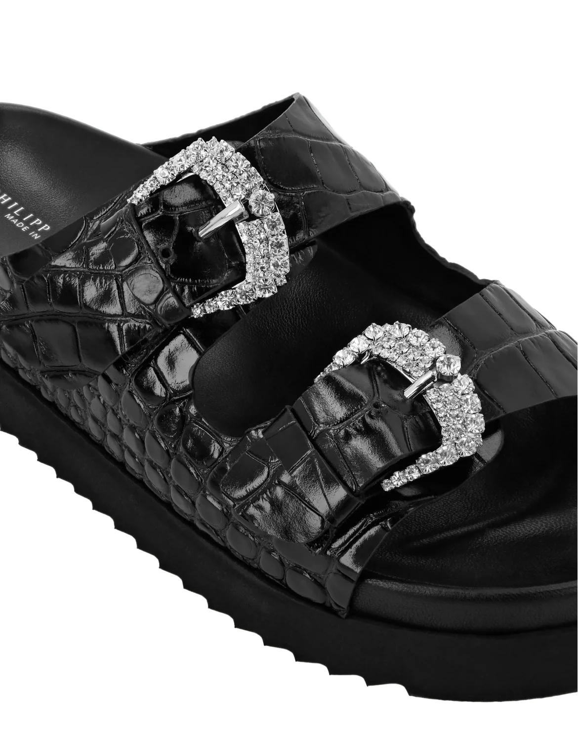 Croco Printed Leather Sandals Flat Crystal, цвет: Черный