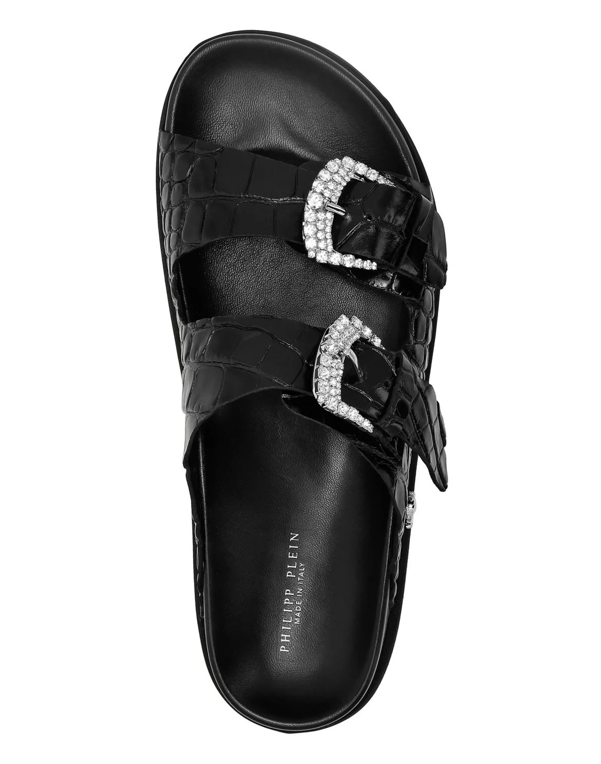 Croco Printed Leather Sandals Flat Crystal, цвет: Черный
