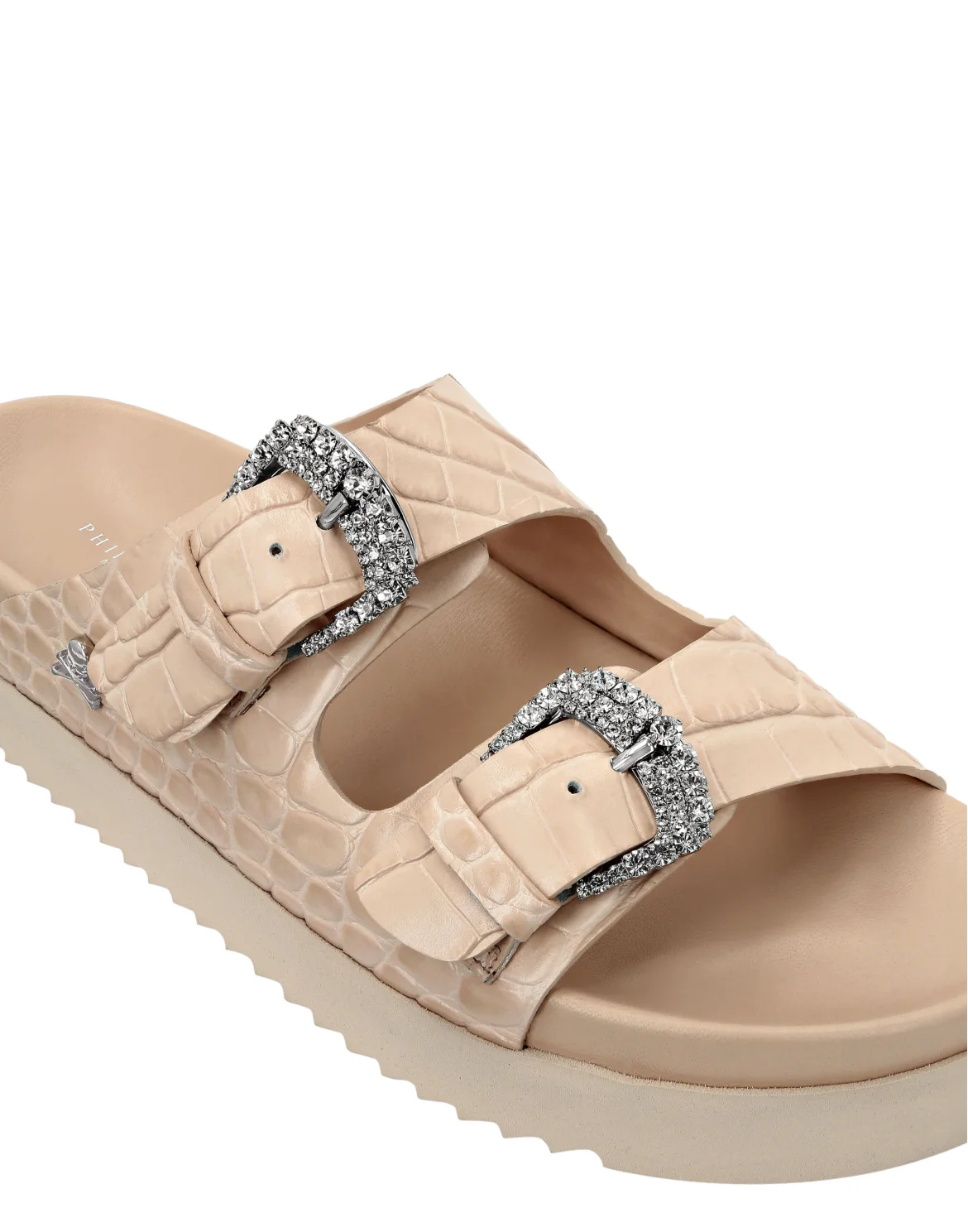 Croco Printed Leather Sandals Flat Crystal, цвет: Розовый