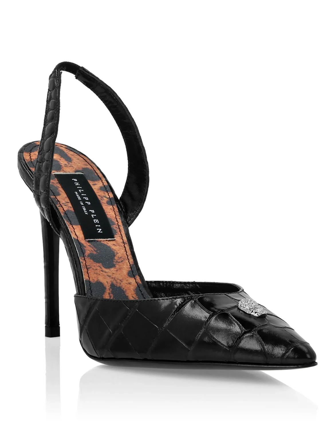 Croco Printed Leather Slingback Shoes, цвет: Черный