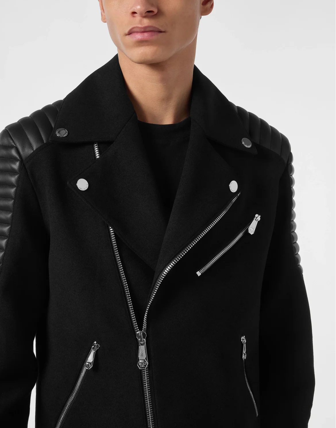 Wool Biker Jacket with Leather Inserts, цвет: Черный