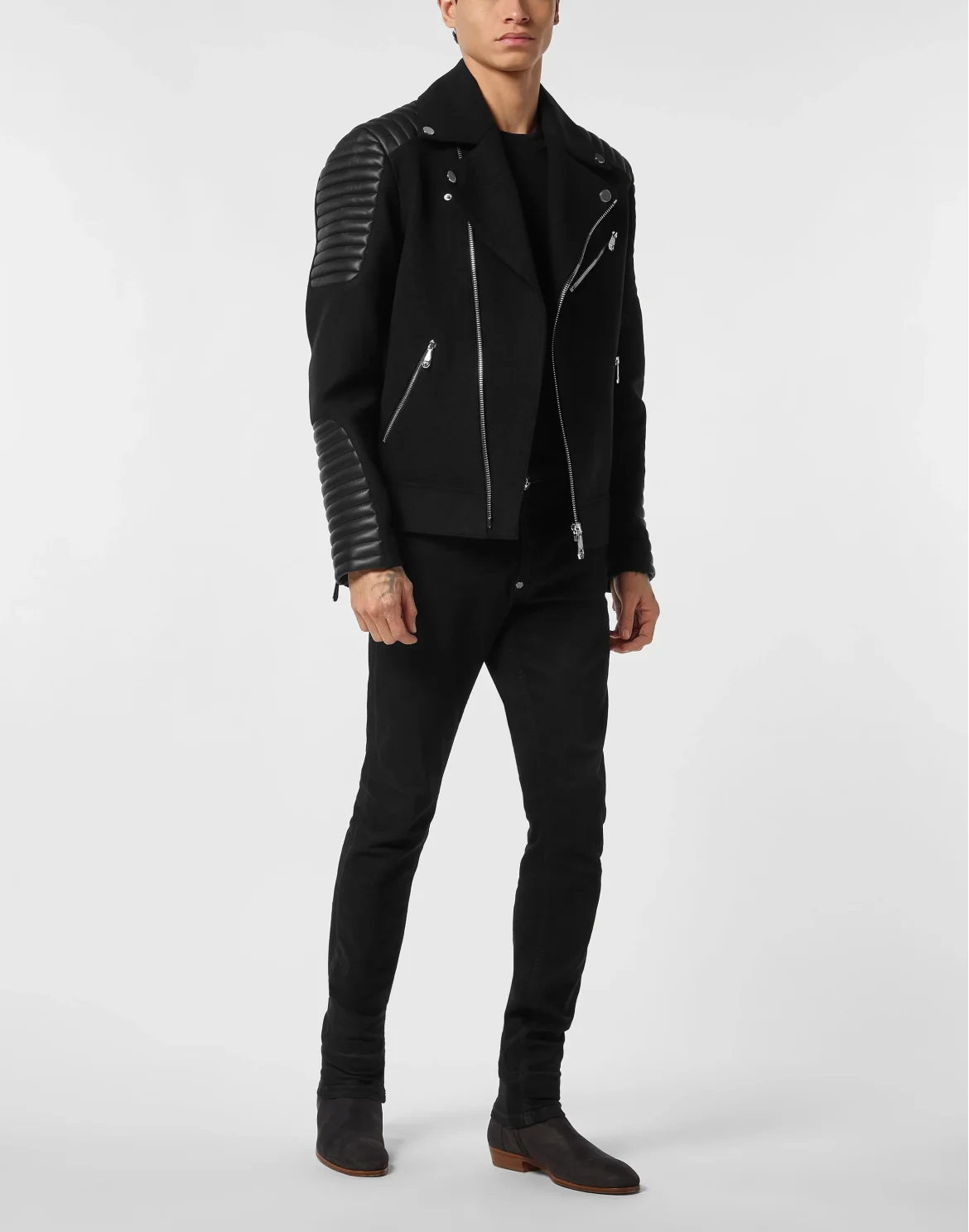 Wool Biker Jacket with Leather Inserts, цвет: Черный