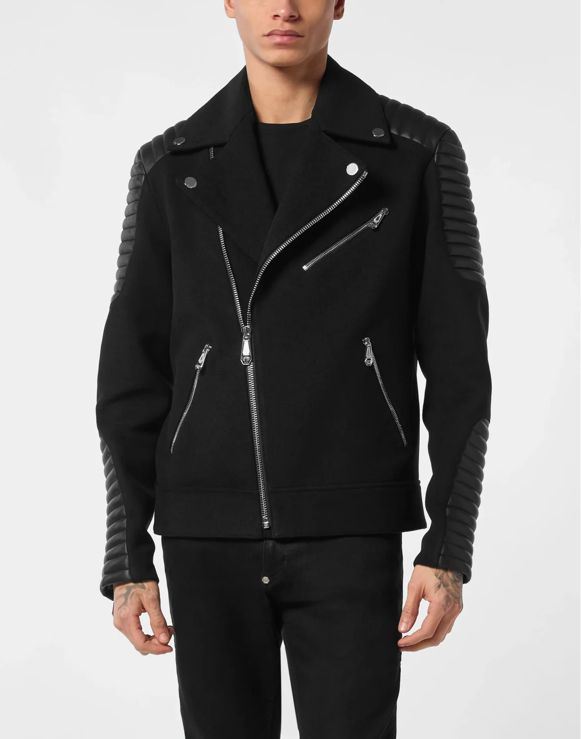 Wool Biker Jacket with Leather Inserts, цвет: Черный