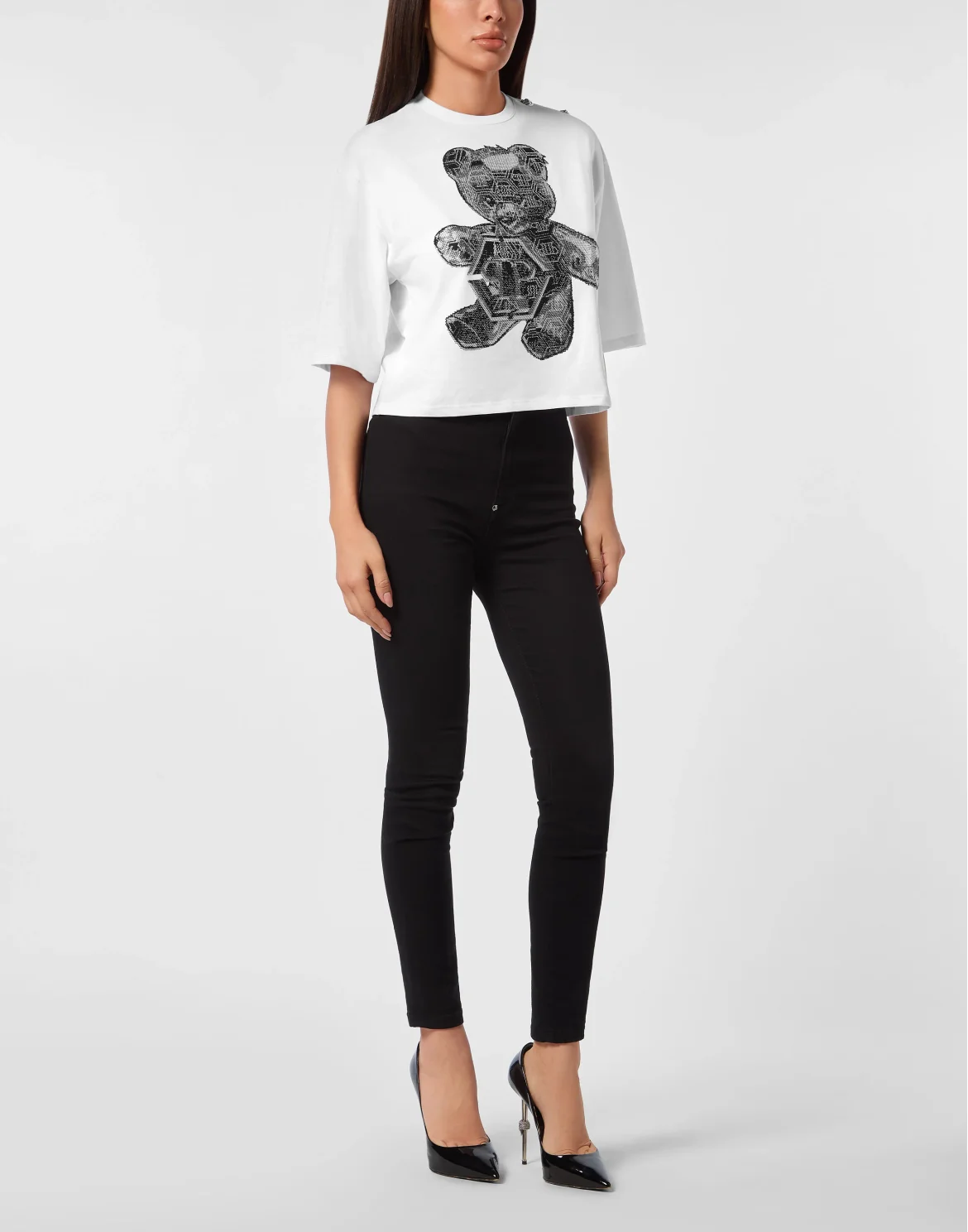 Cropped Round Neck T-Shirt 3D Teddy, цвет: Белый