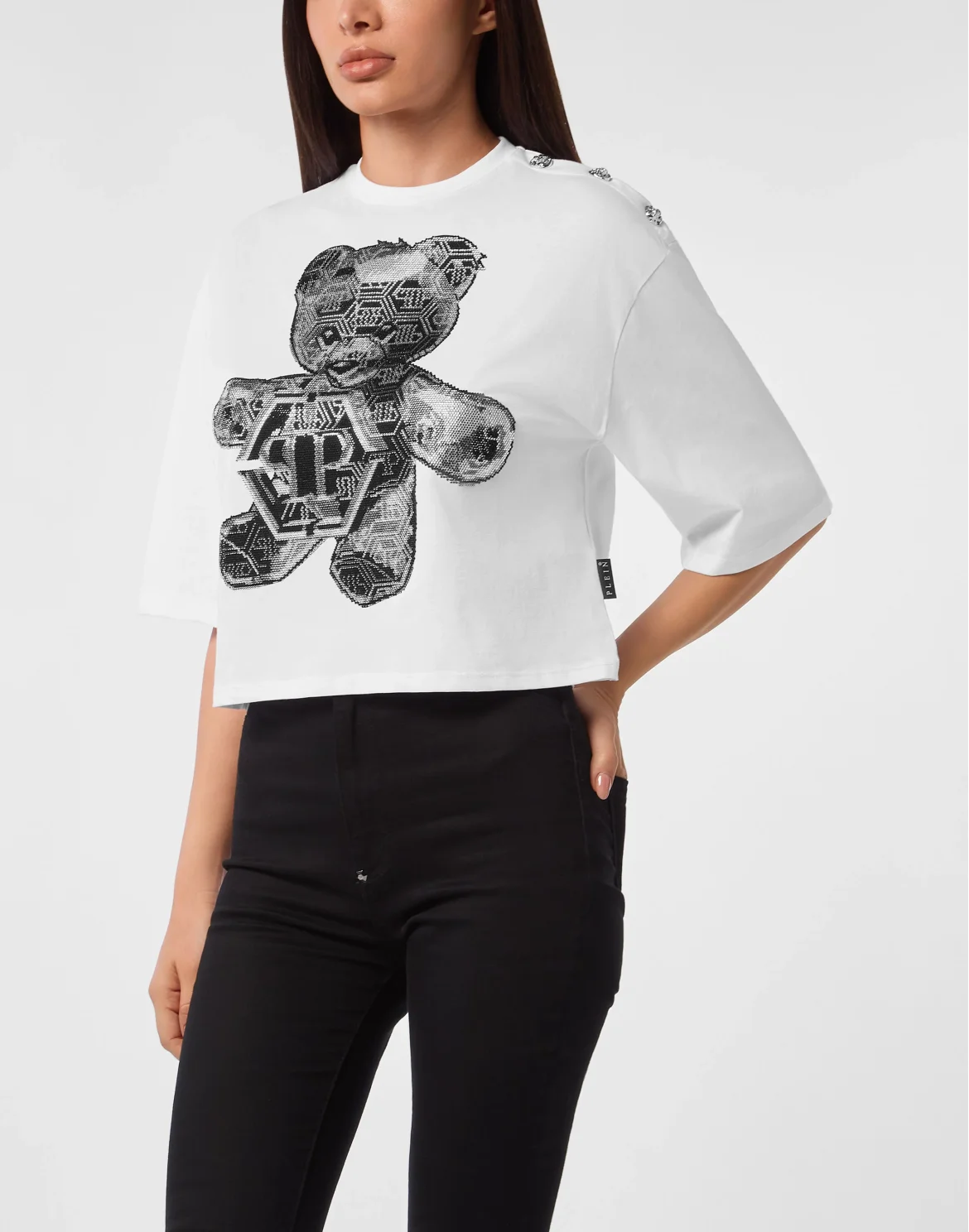 Cropped Round Neck T-Shirt 3D Teddy, цвет: Белый
