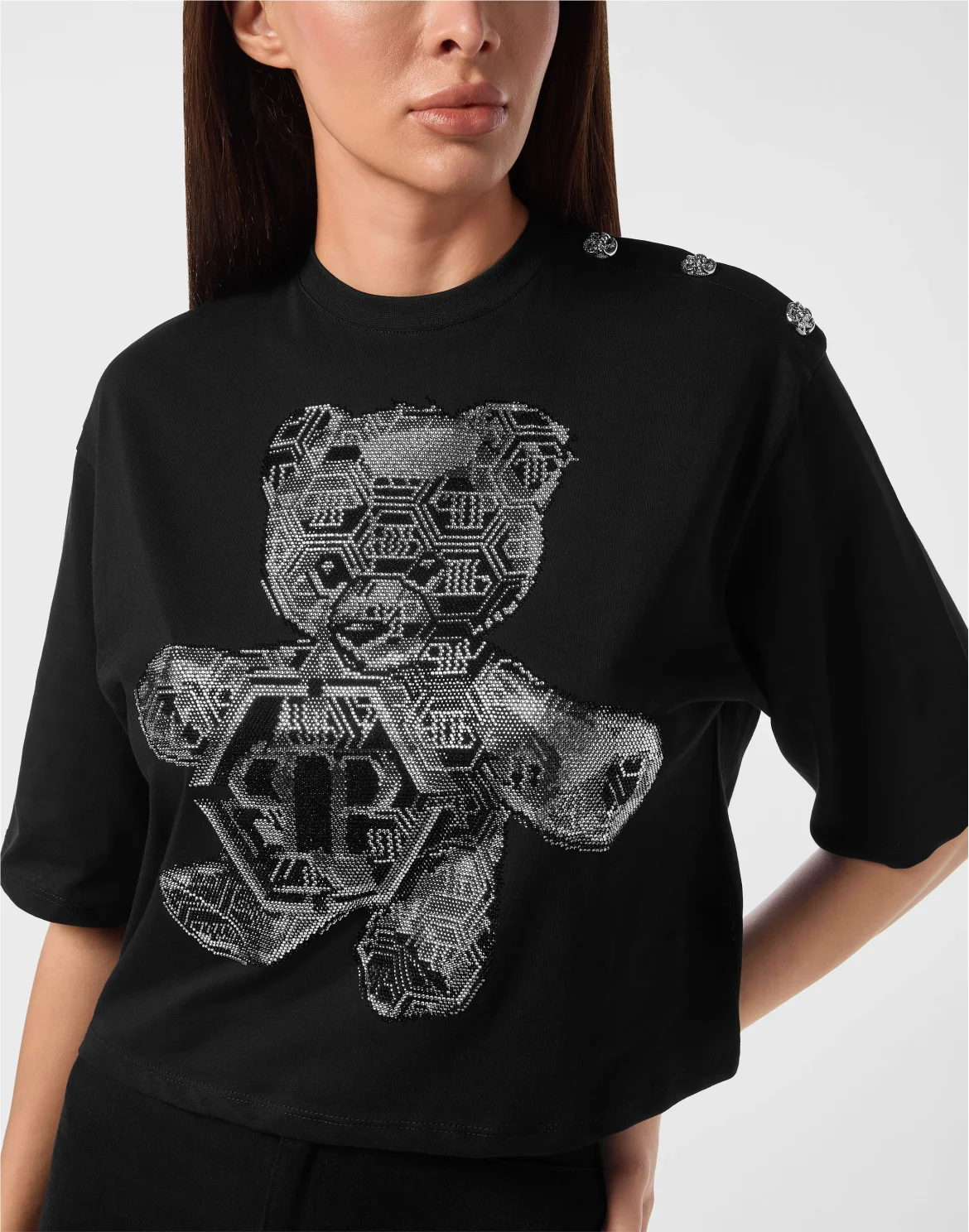 Cropped Round Neck T-Shirt 3D Teddy, цвет: Черный