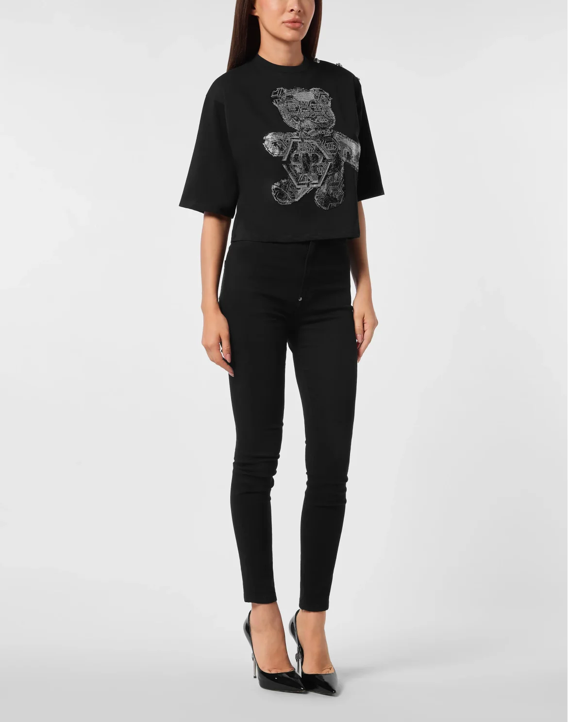 Cropped Round Neck T-Shirt 3D Teddy, цвет: Черный