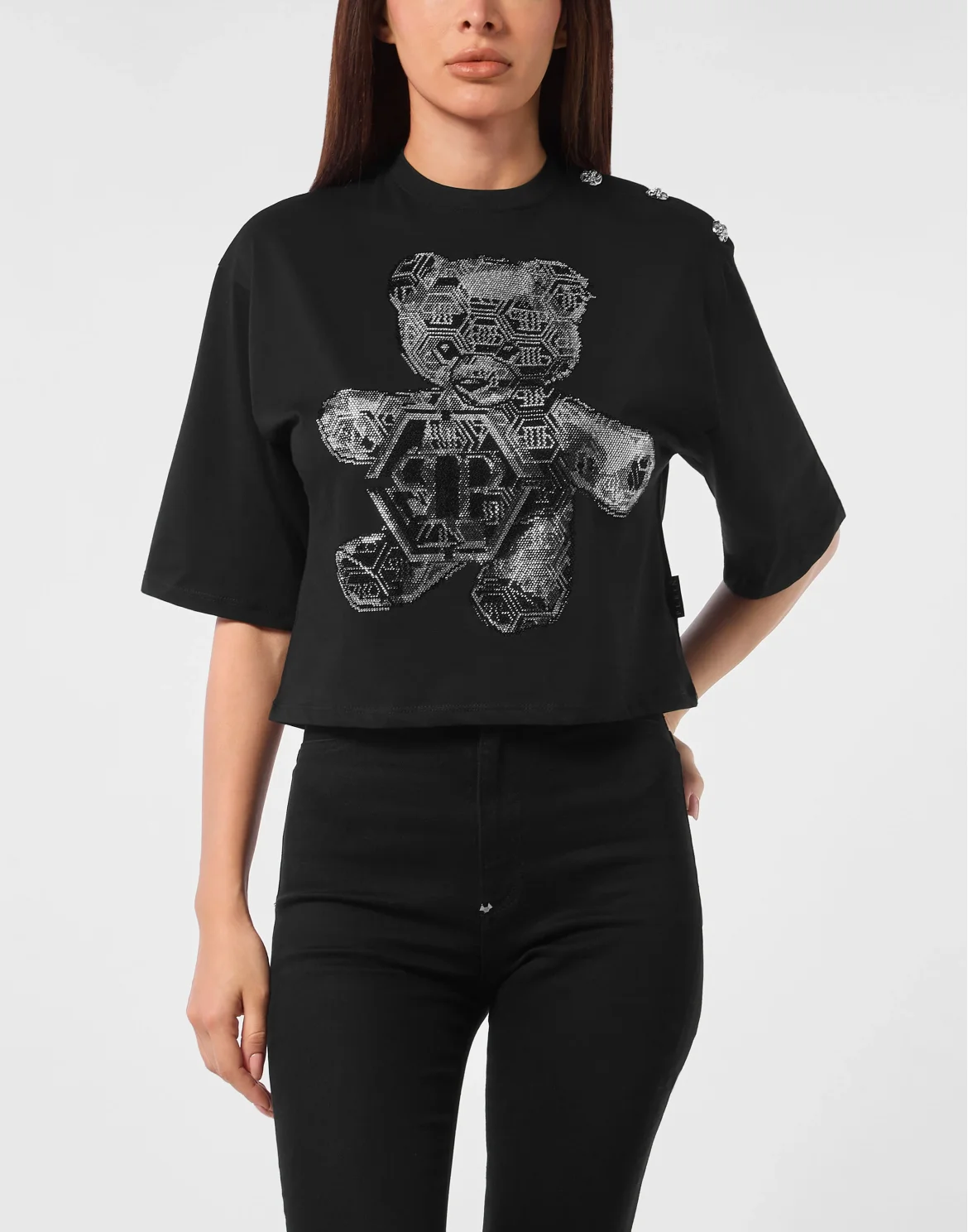 Cropped Round Neck T-Shirt 3D Teddy, цвет: Черный
