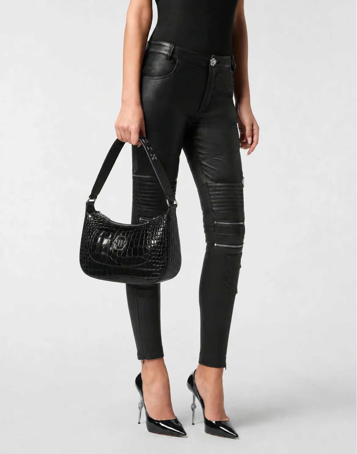 Leather Small Handle Bag Hexagon Cocco Print, цвет: Черный
