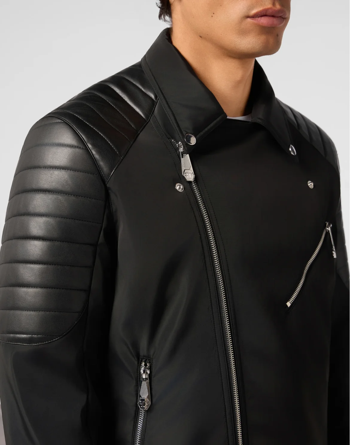Nylon Biker Jacket Eco Leather Inserts, цвет: Черный
