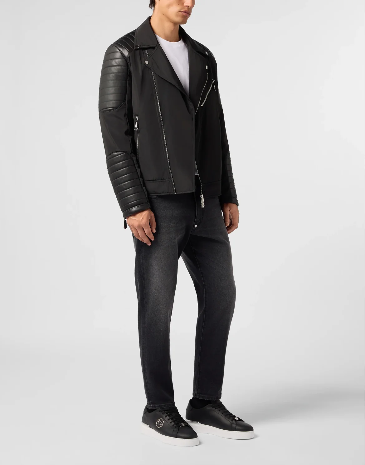 Nylon Biker Jacket Eco Leather Inserts, цвет: Черный