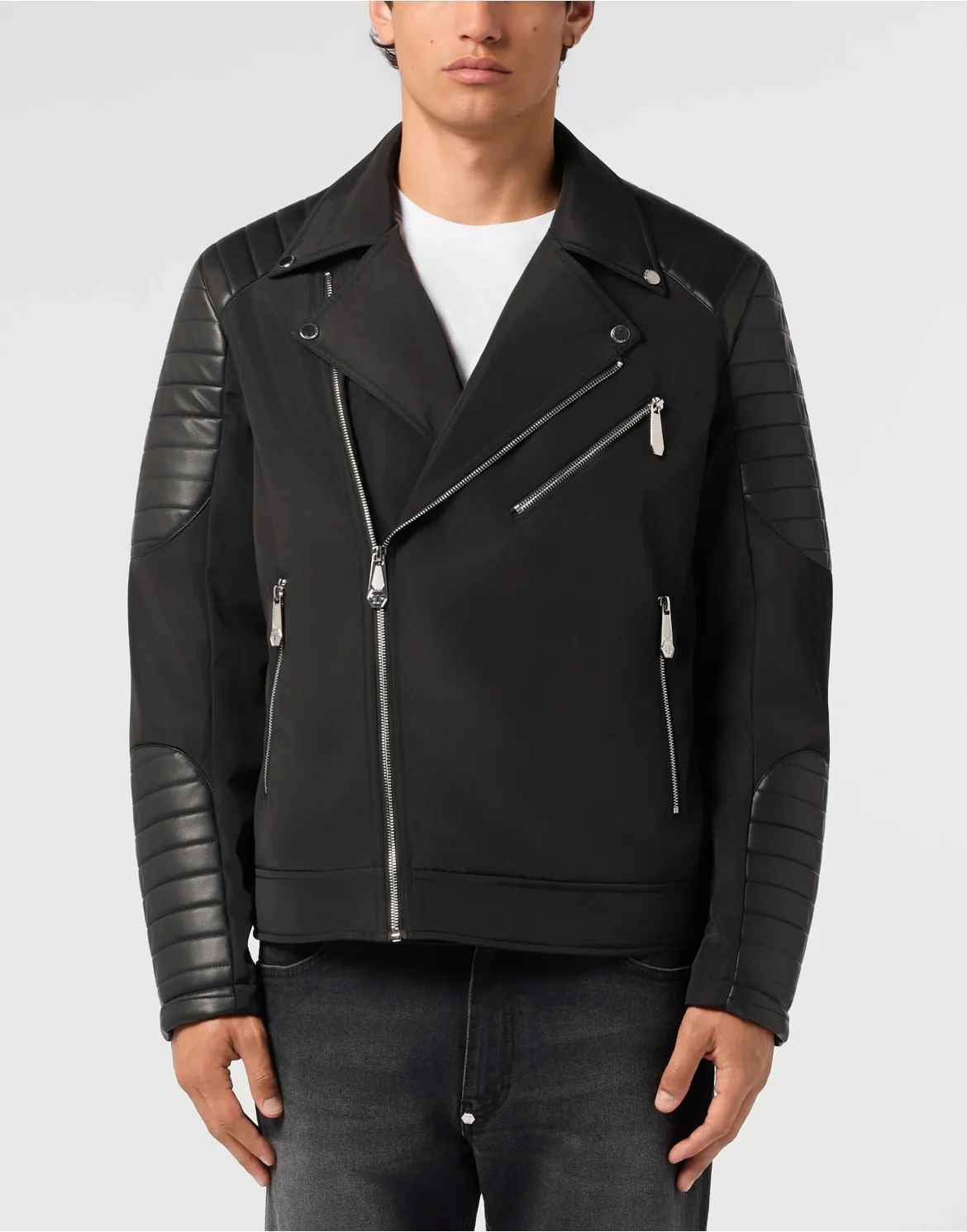 Nylon Biker Jacket Eco Leather Inserts, цвет: Черный