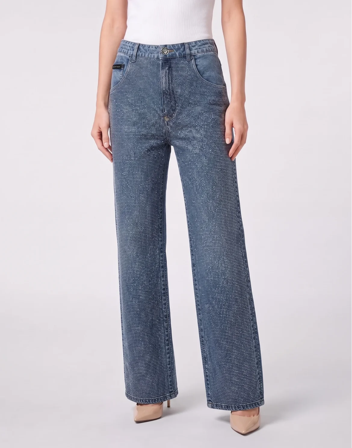 Straight Fit Jeans Full Crystal Strass, цвет: Синий