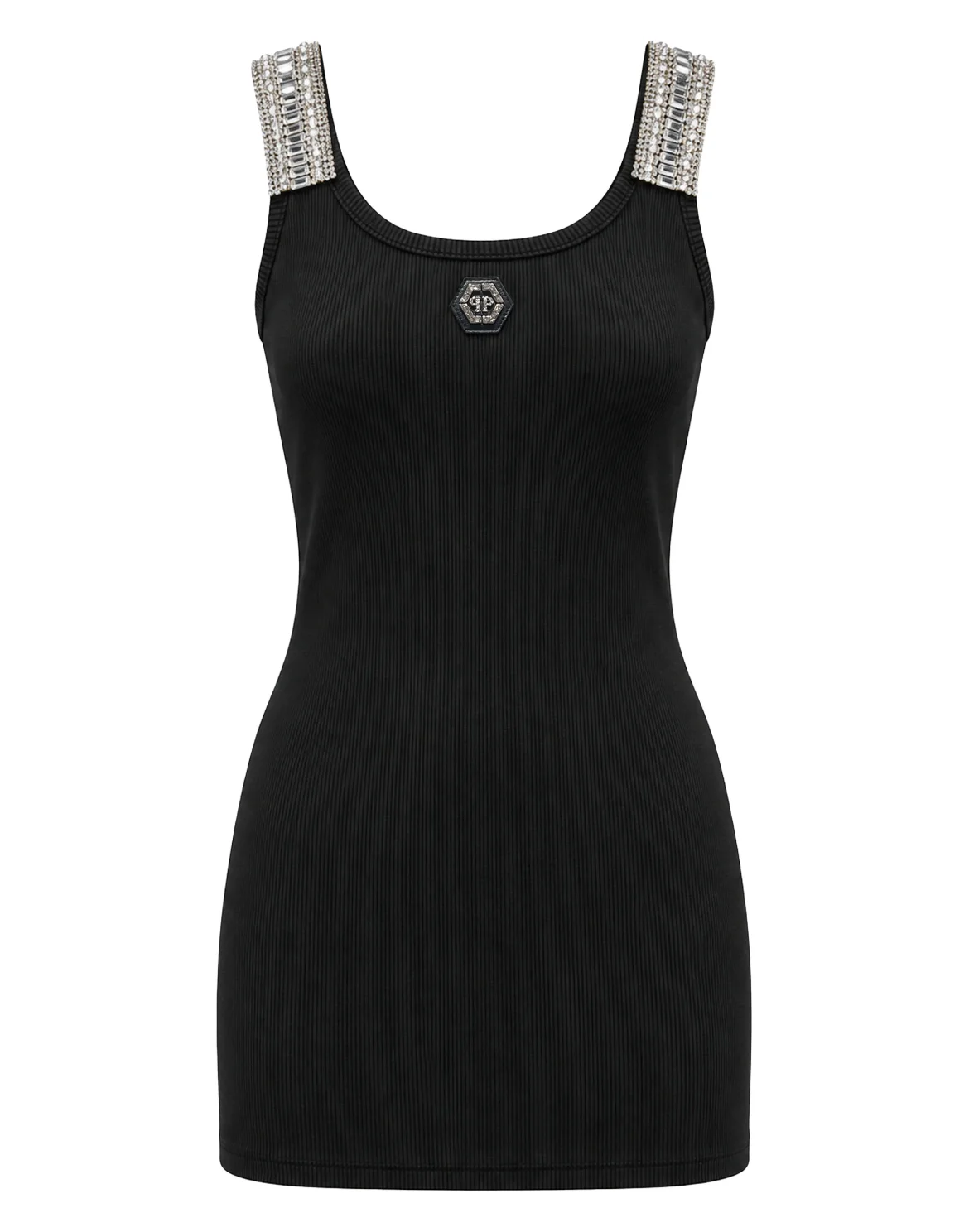 Crew-Neck Mini Dress Rhinestones Straps, цвет: Черный