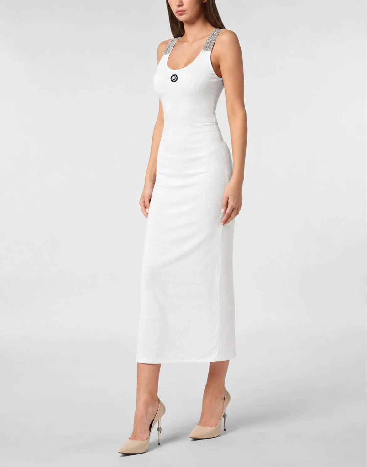 Crew-Neck Long Dress Rhinestones Straps, цвет: Белый
