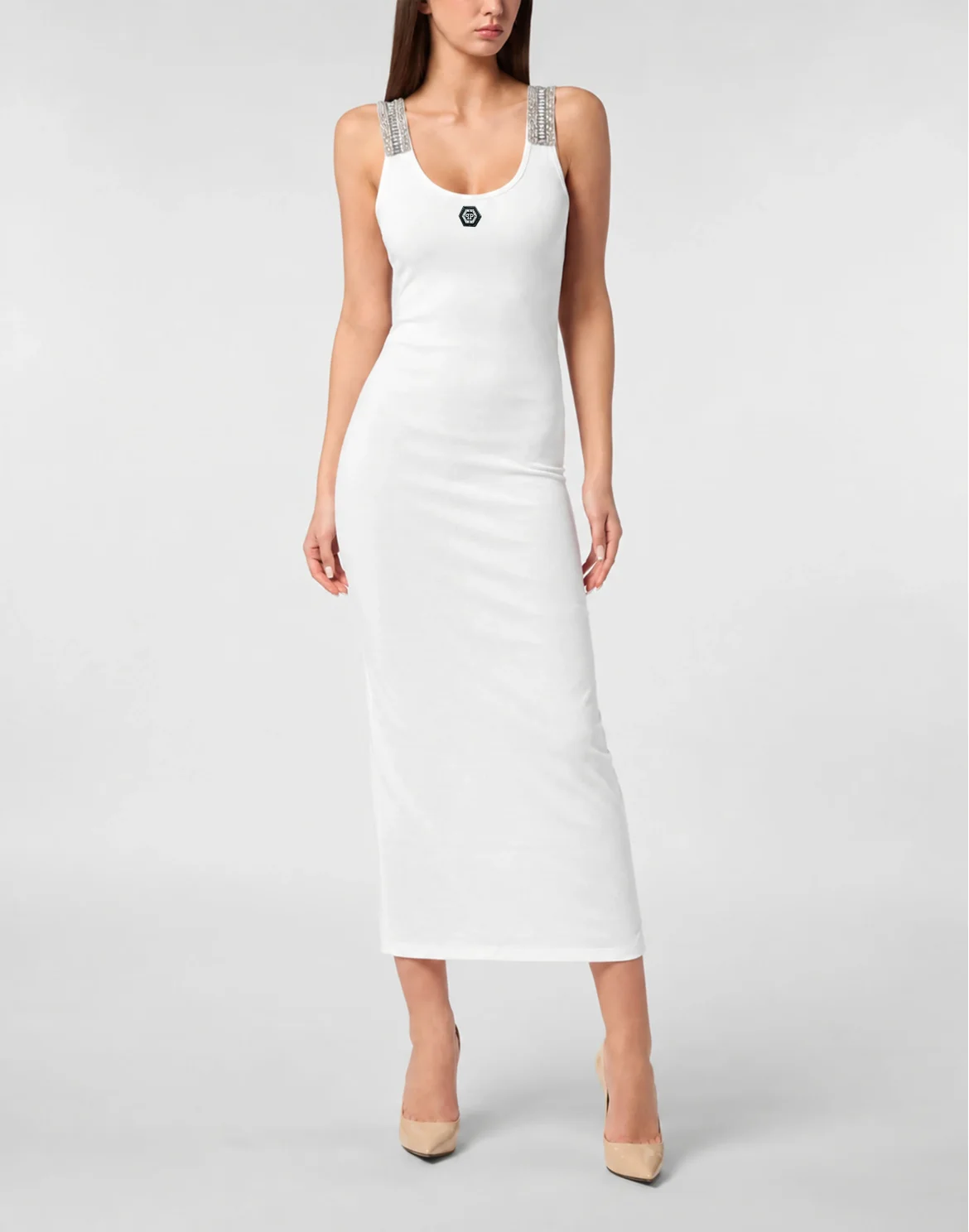 Crew-Neck Long Dress Rhinestones Straps, цвет: Белый